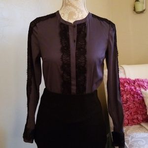 Ann Taylor Navy w/ black lace long sleeve blouse